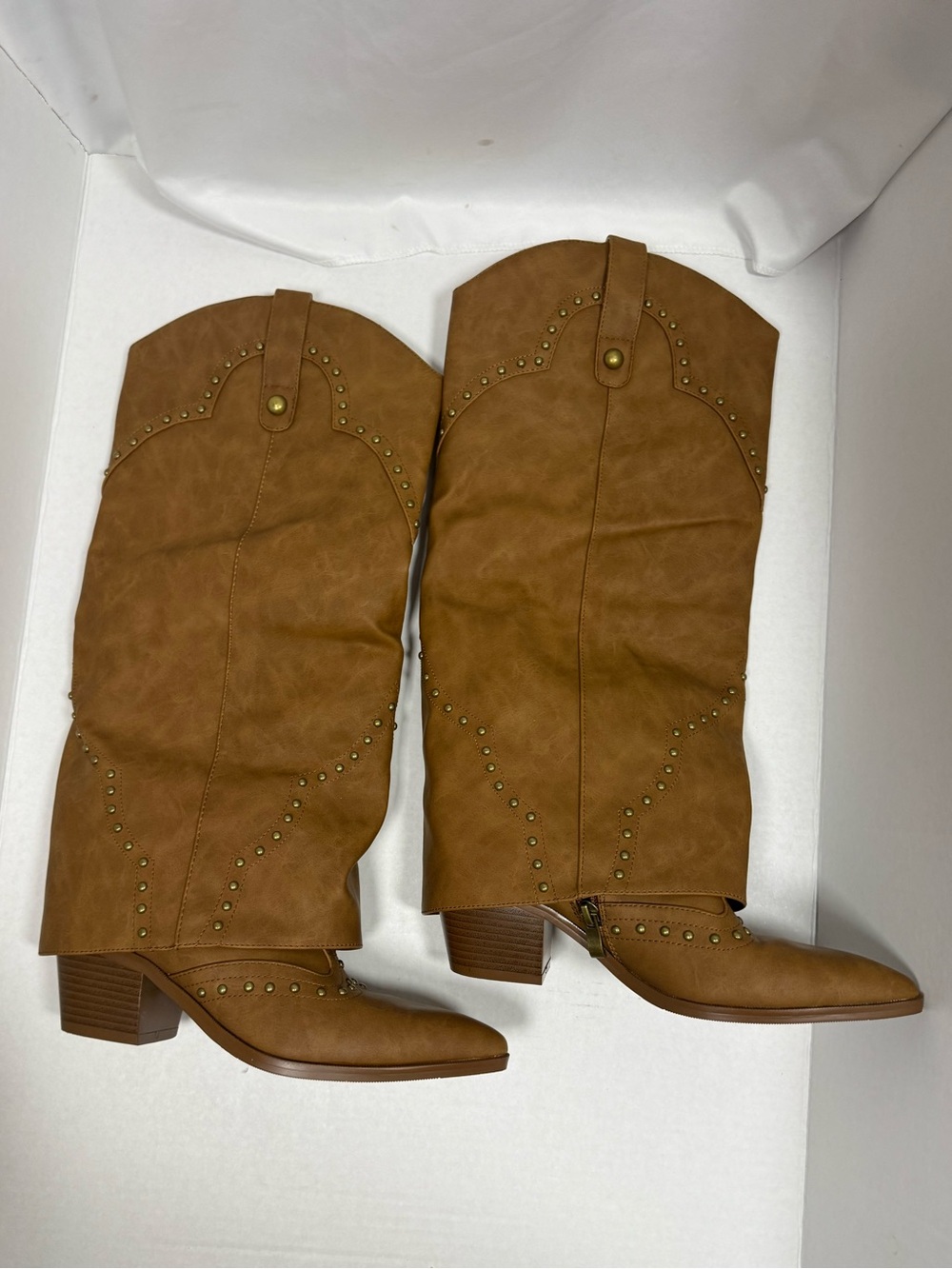 Brown Studded Western Knee High Boots Cowboy Boho